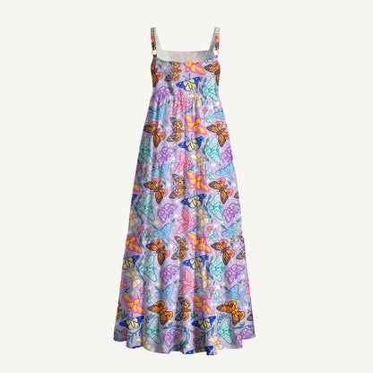 Enchanted Twilight Butterfly Garden Print Wide Straps Maxi Dress With Pockets