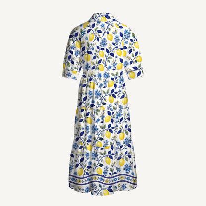 V Neck Collared Blue Lemon Floral Print Casual Midi Dress With Pockets