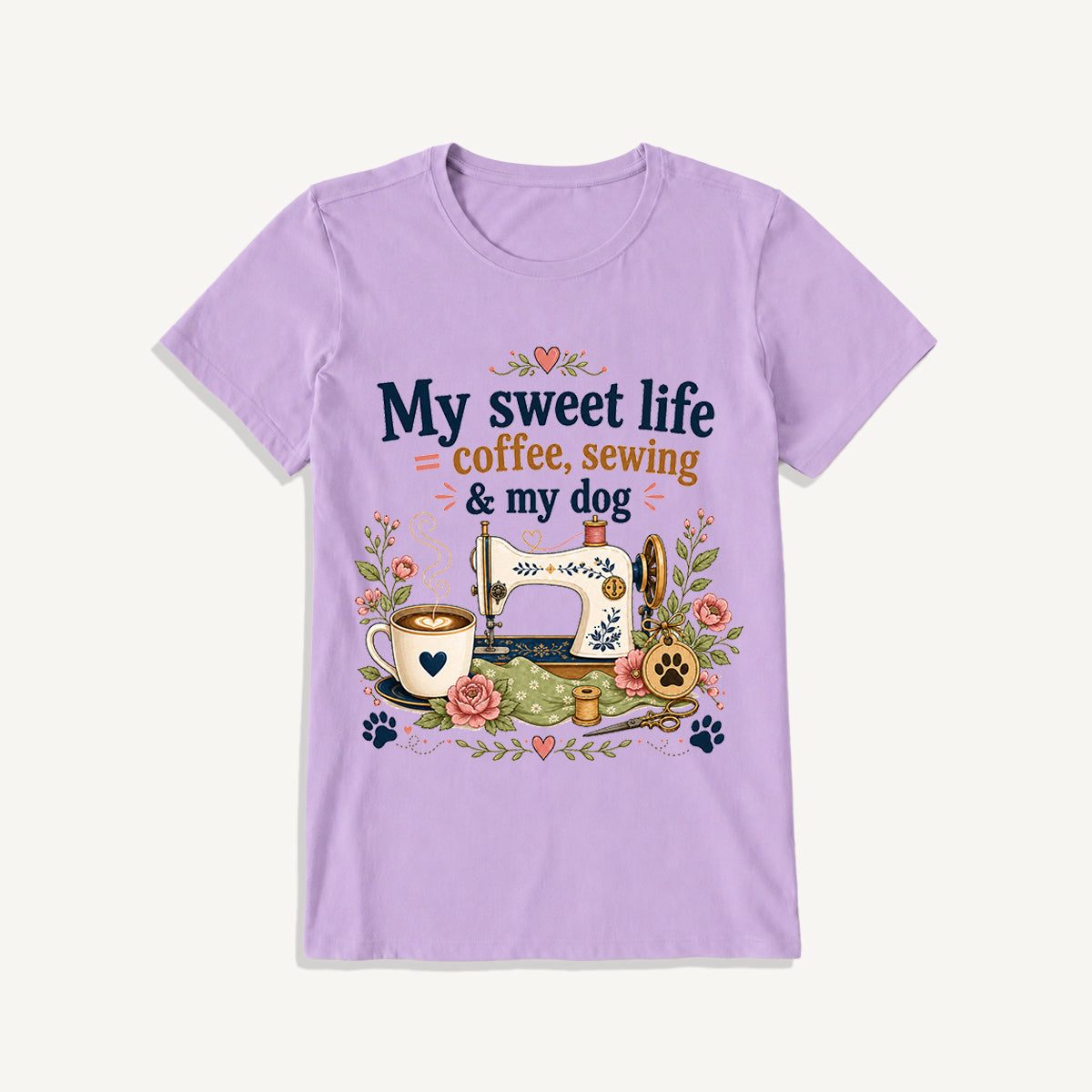 Coffee Sewing and My Dog Print Crew Neck Cotton Tee