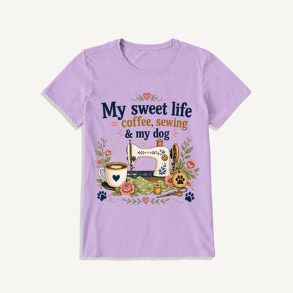 Coffee Sewing and My Dog Print Crew Neck Cotton Tee