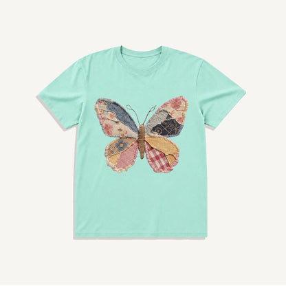 Quilt Patch Butterfly Print Crew Neck Cotton Tee