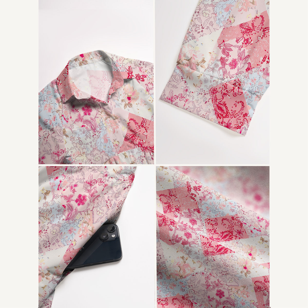 V Neck Collared Shabby Chic Floral Patchwork Print Casual Midi Dress With Pockets