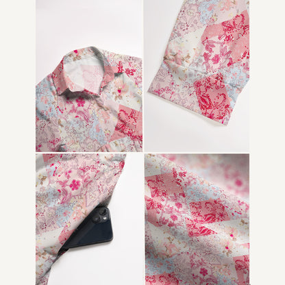 V Neck Collared Shabby Chic Floral Patchwork Print Casual Midi Dress With Pockets