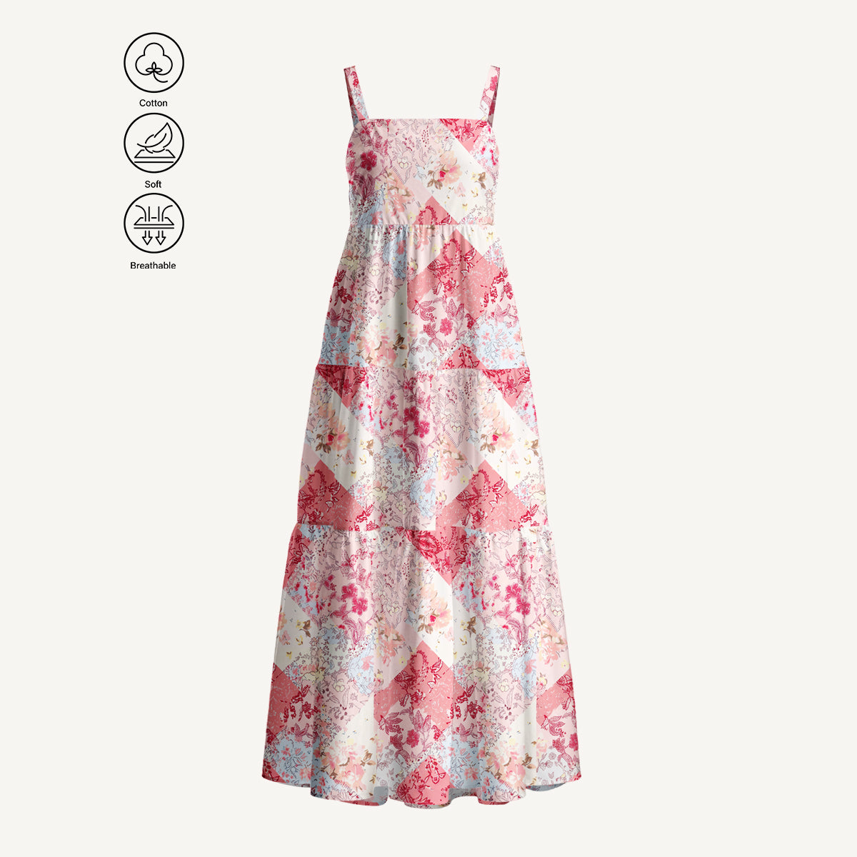 Shabby Chic Floral Patchwork Print Cotton Wide Straps Maxi Dress With Pockets