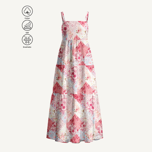 Shabby Chic Floral Patchwork Print Cotton Wide Straps Maxi Dress With Pockets