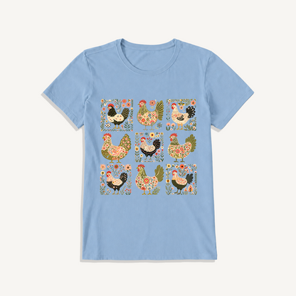 Folk Hen Grid Print Crew Neck Cotton Tee