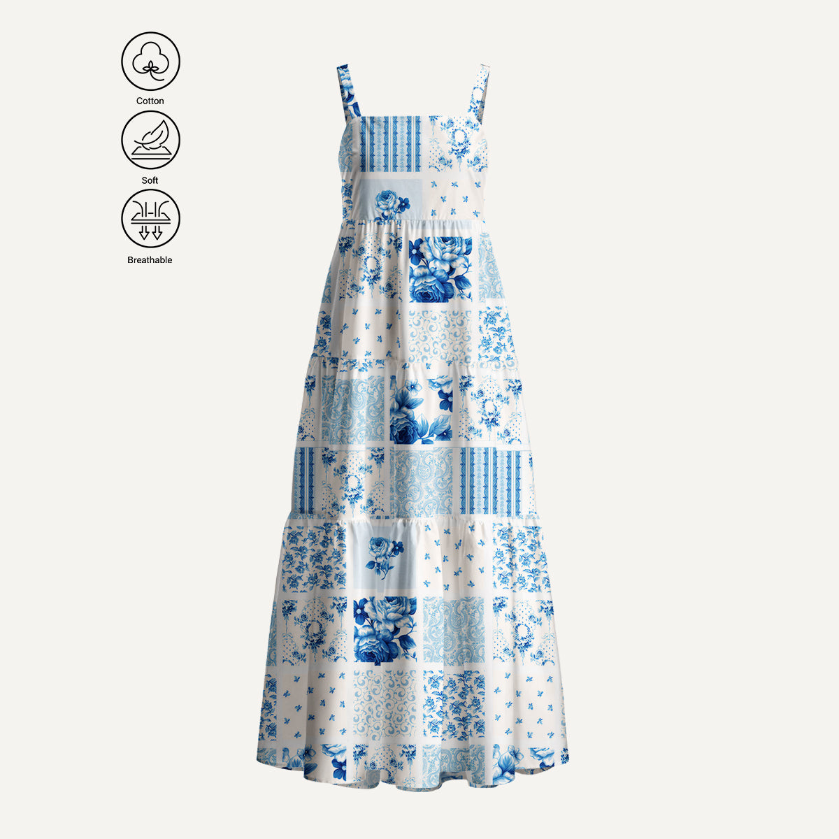 Delft Blue Floral Patchwork Print Cotton Wide Straps Maxi Dress With Pockets