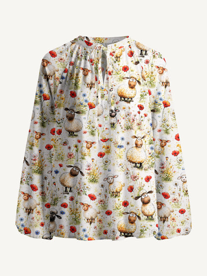 Whimsical Sheep Clipart Print Boho Long Sleeve Tie‑Neck Blouse