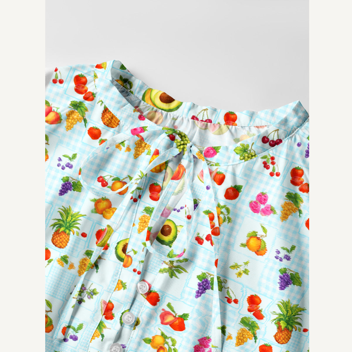 Tropical Fruit Party Print Boho Long Sleeve Tie‑Neck Smock Mini Dress