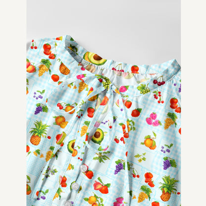 Tropical Fruit Party Print Boho Long Sleeve Tie‑Neck Smock Mini Dress