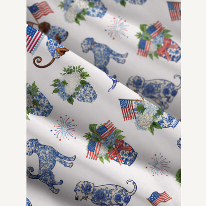 Patriotic Pups & Porcelain Print Wide Straps Maxi Dress With Pockets