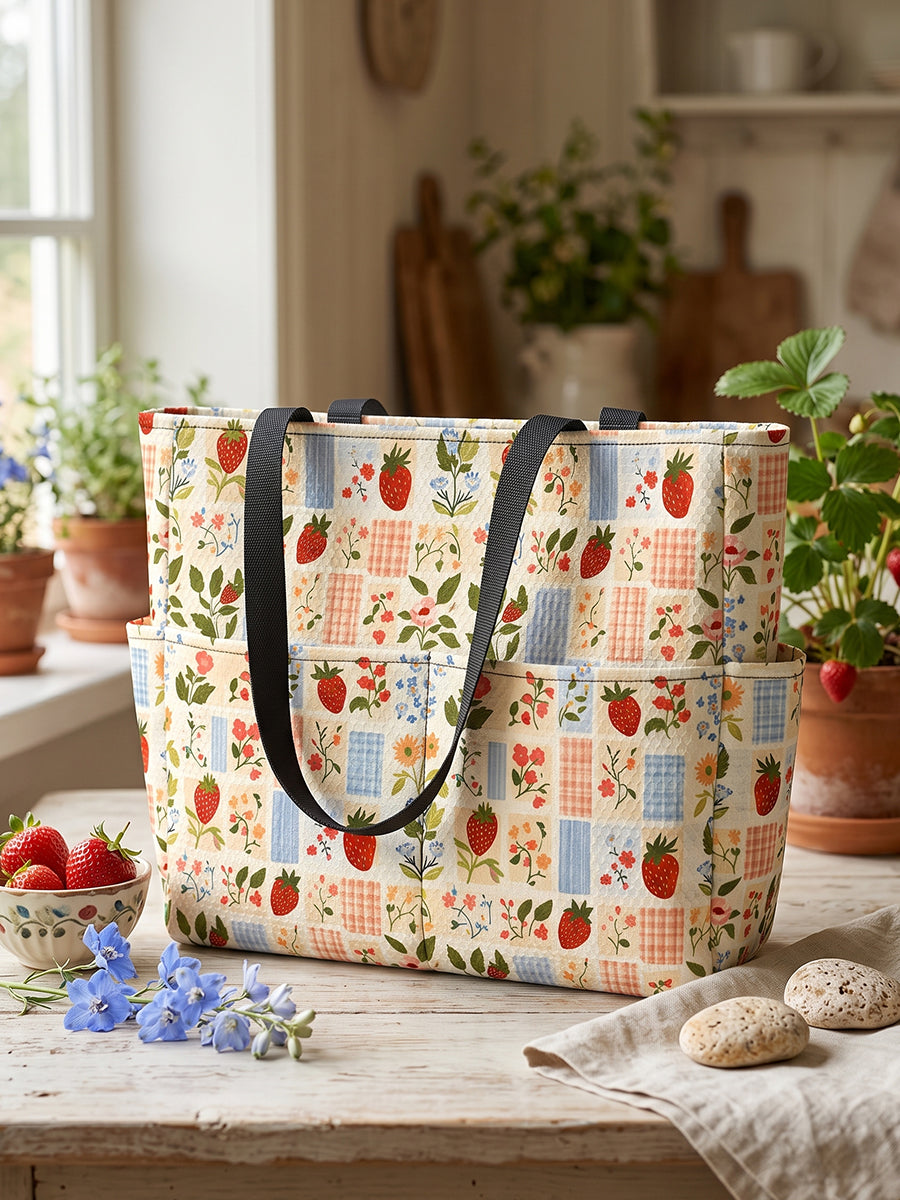 Strawberry Garden Patchwork Print Tote Bag