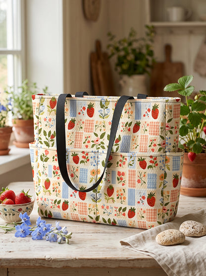 Strawberry Garden Patchwork Print Tote Bag