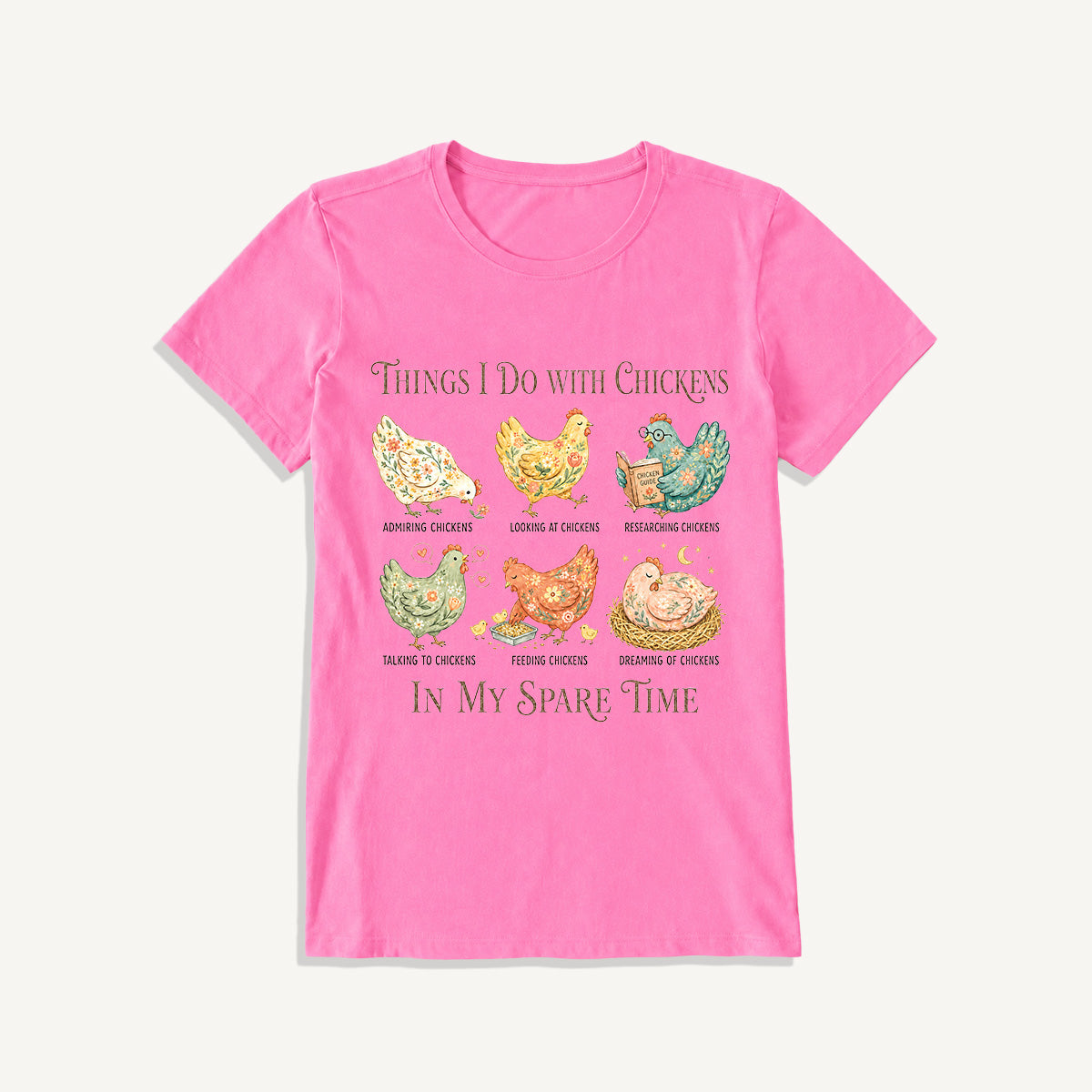 Floral Chicken Garden Life Print Crew Neck Cotton Tee