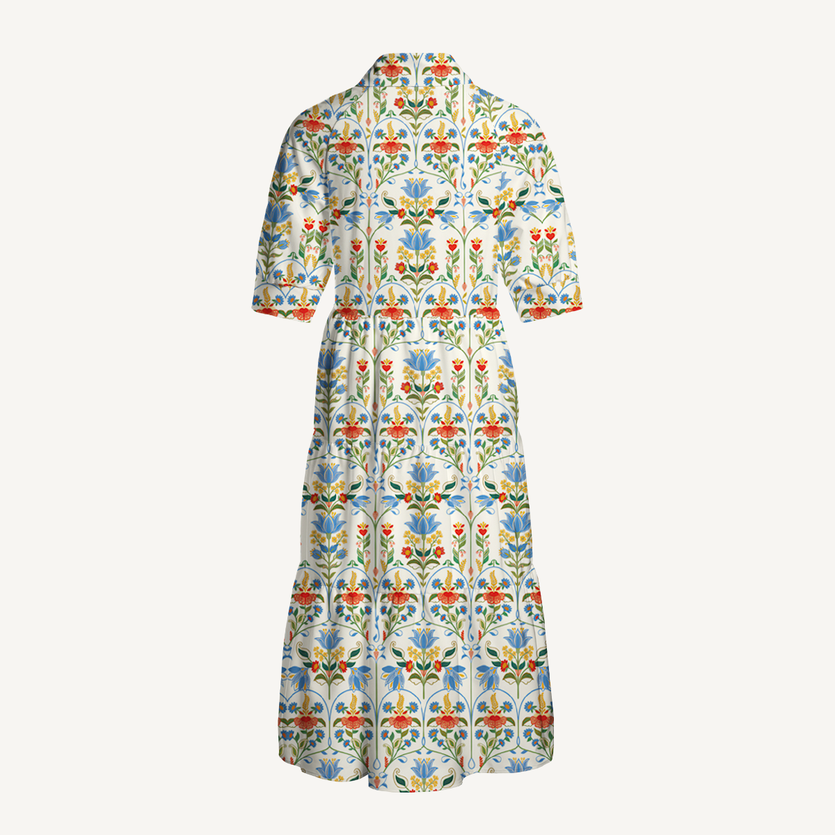 V Neck Collared Folk Bloom Midi Dress With Sleeves & Pockets