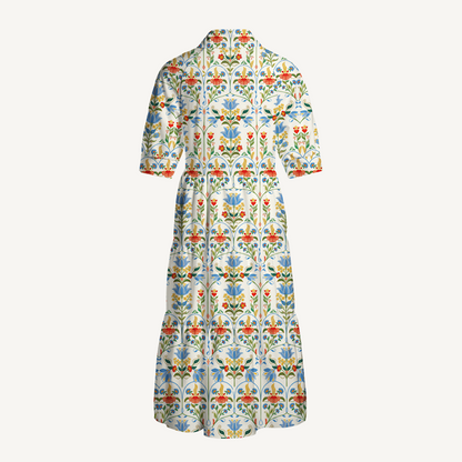 V Neck Collared Folk Bloom Midi Dress With Sleeves & Pockets