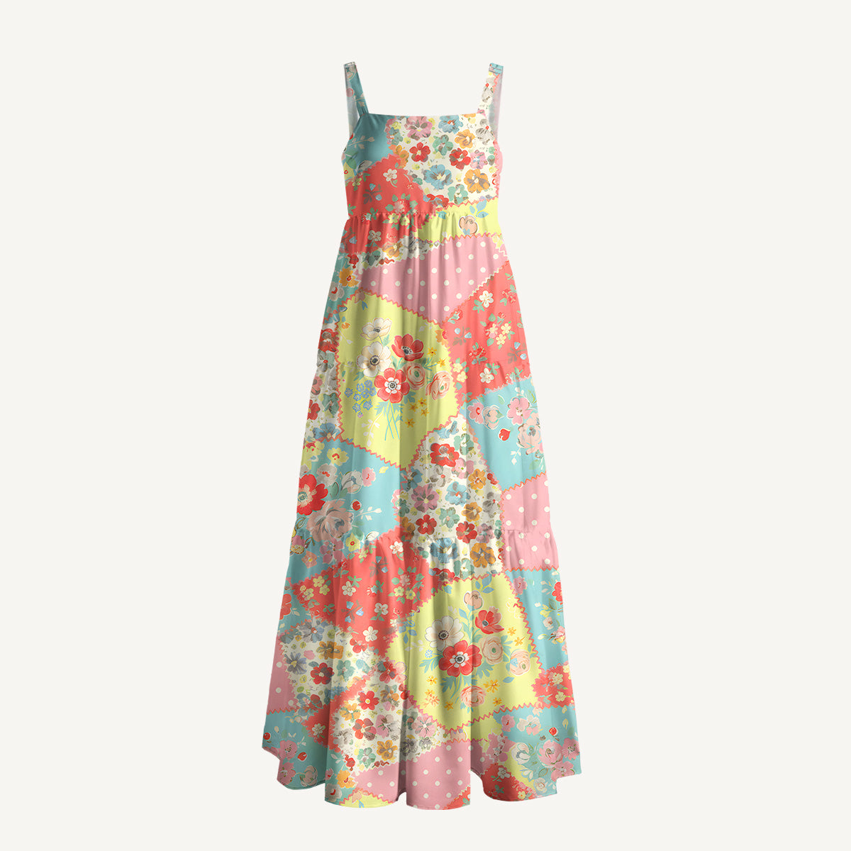 Square Neck Colorful Blossom Patchwork Print Wide Straps Maxi Dress With Pockets