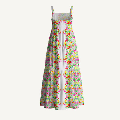 Elegant Garden Print Cotton Wide Straps Maxi Dress With Pockets