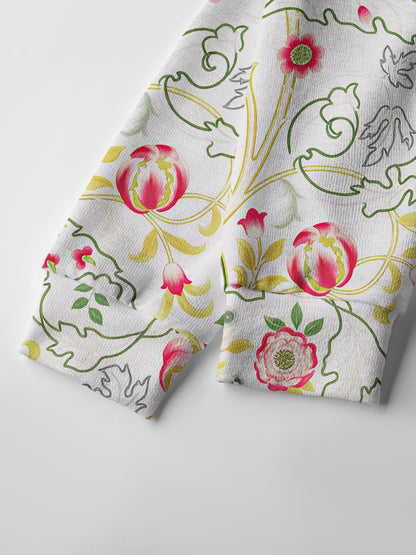 Lightweight Crew Neck Long‑Sleeve Cropped Peony Vine Garden Print Fine‑Knit Cardigan