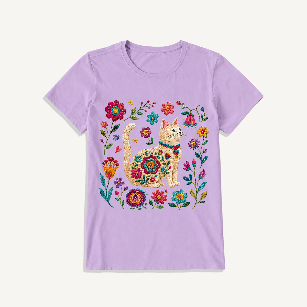 Embroidered Floral Cat Print Crew Neck Cotton Tee
