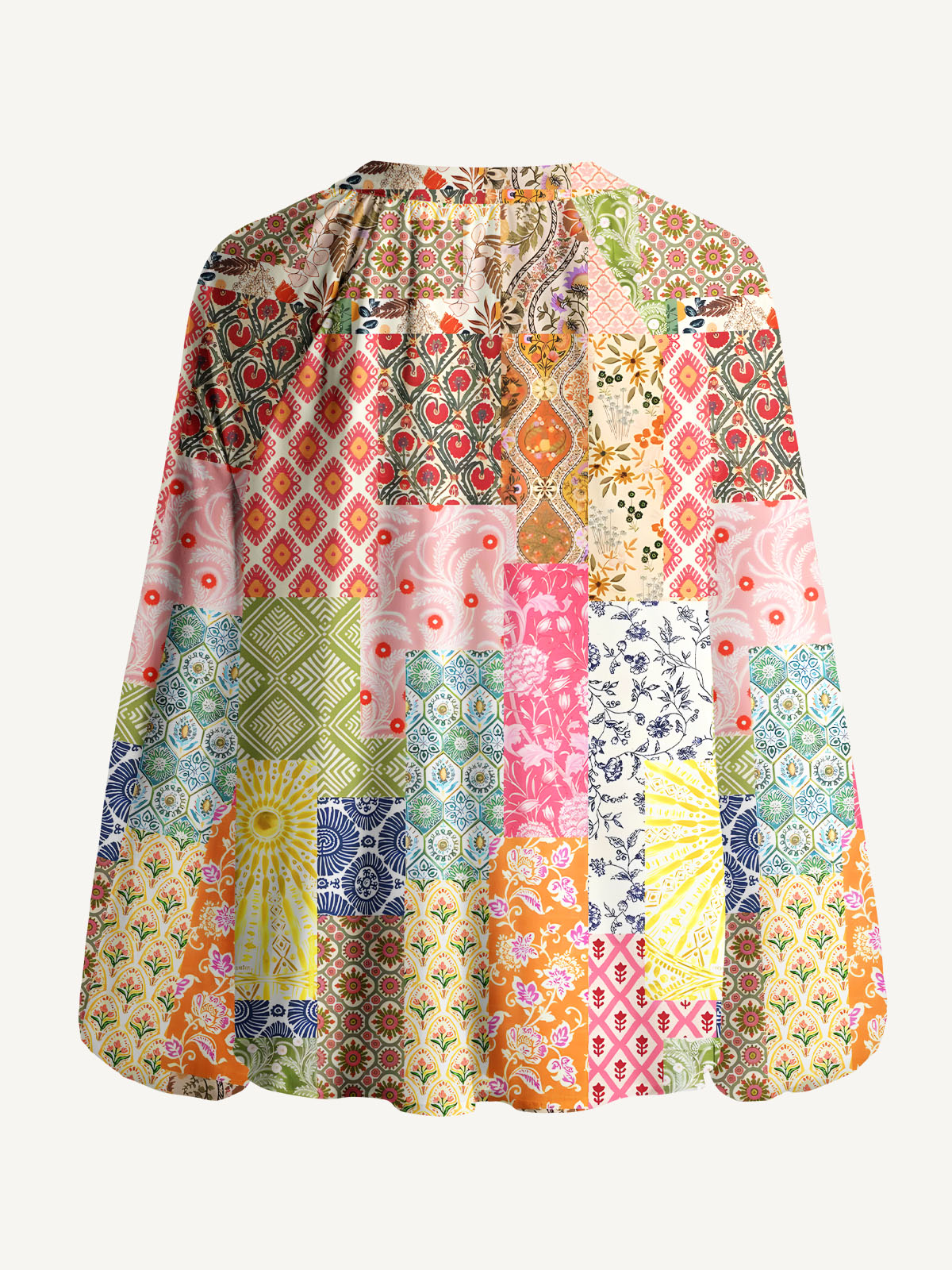 Colorful Bohemian Patchwork Print Boho Long Sleeve Tie‑Neck Blouse