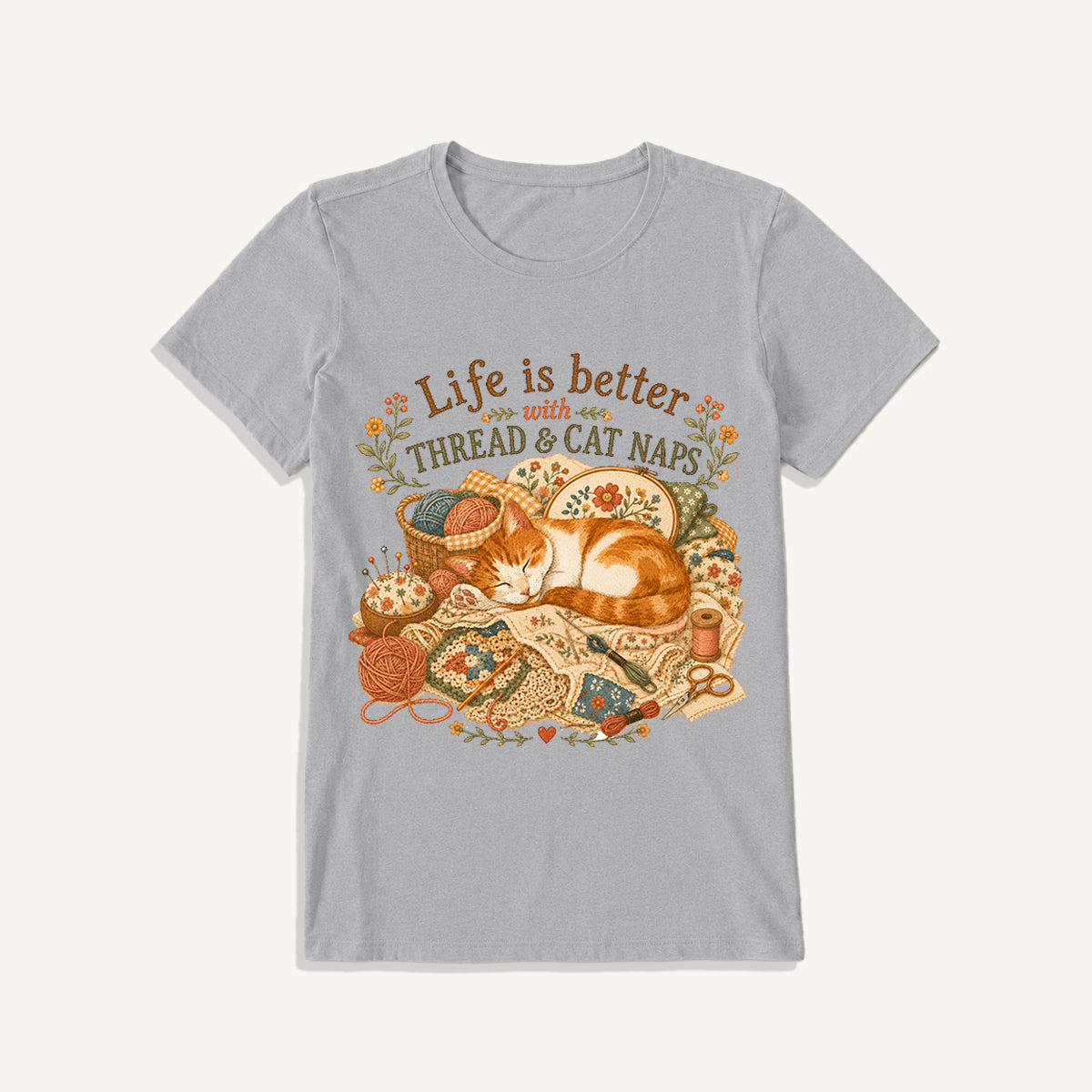 Thread and Cat Naps Print Crew Neck Cotton Tee