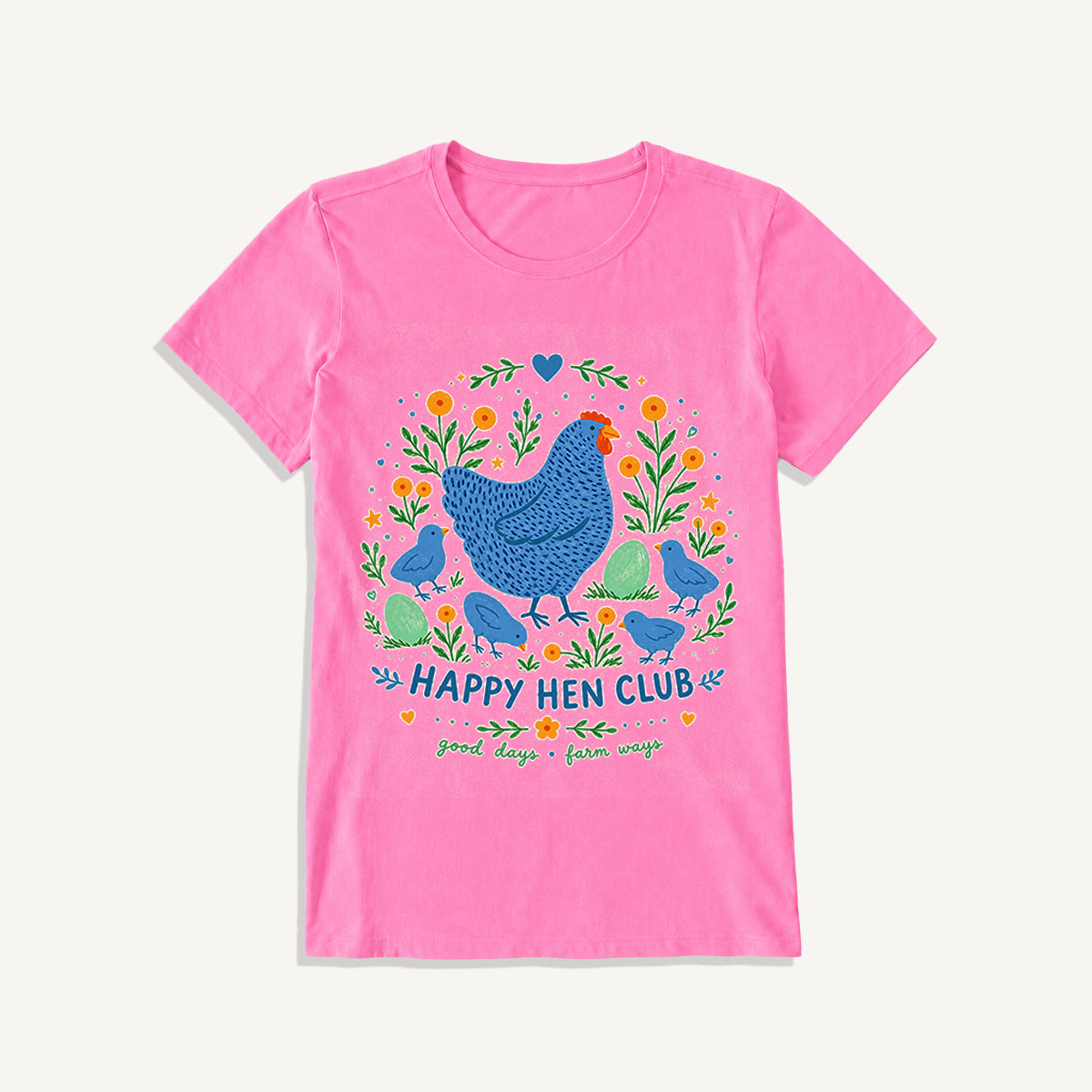 Blue Hen and Chicks Garden Print Crew Neck Cotton Tee