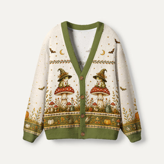 Fairy Tale Mushroom Little Frog Witch Garden Print Ugly Cardigan Sweaters