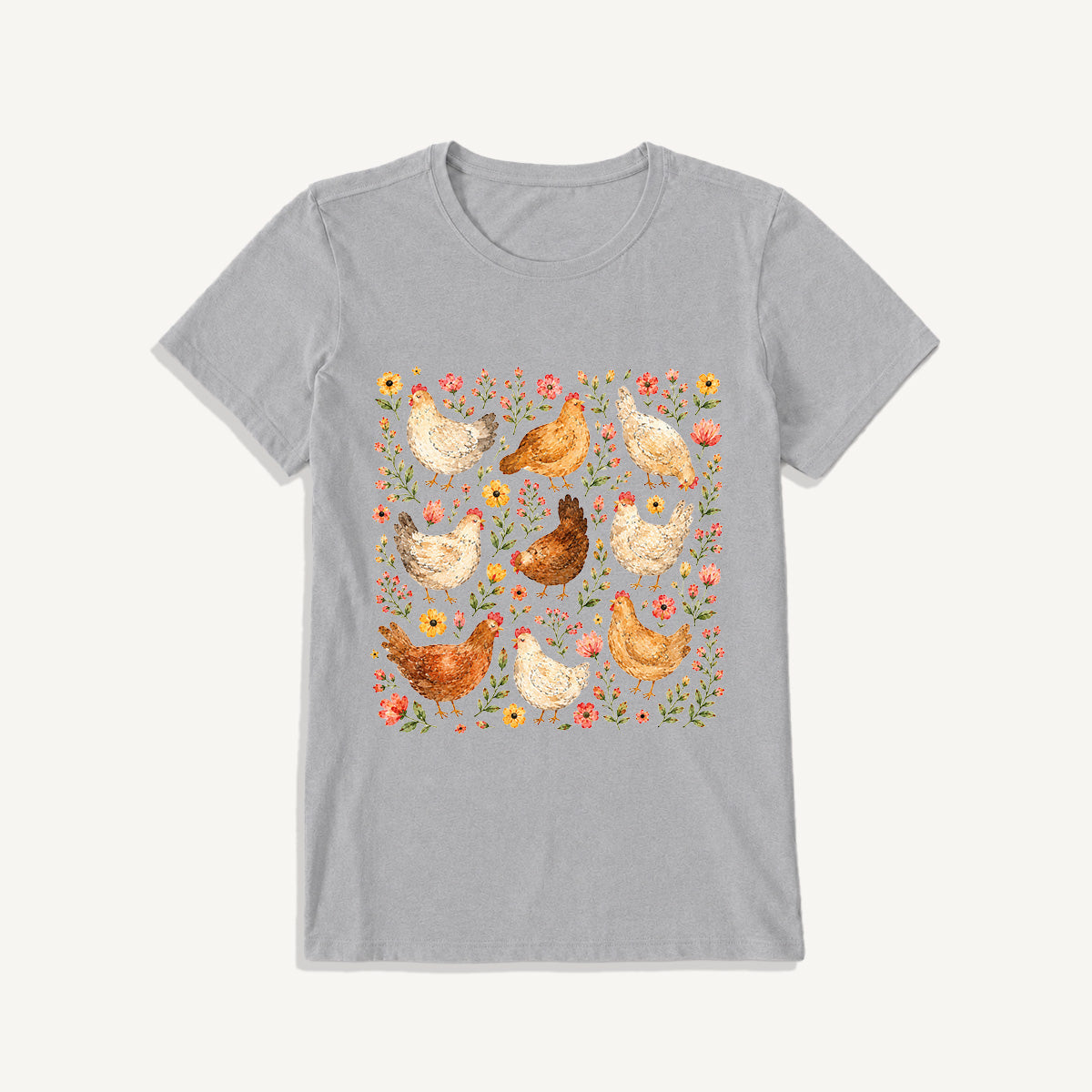 Country Chicken Wildflower Garden Print Crew Neck Cotton Tee