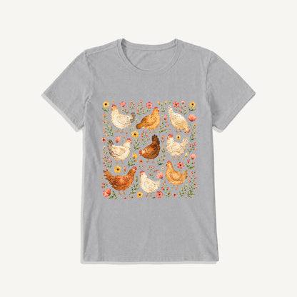 Country Chicken Wildflower Garden Print Crew Neck Cotton Tee