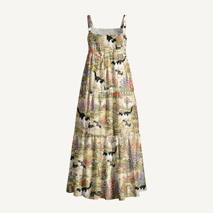 Farmyard Cat Family Print Wide Straps Maxi Dress With Pockets