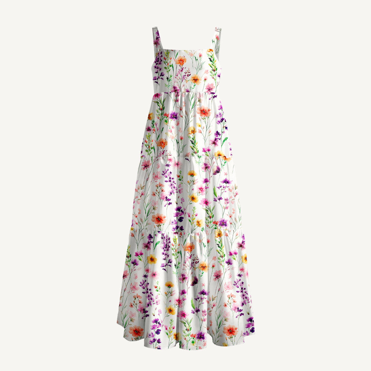 Watercolor Wildflower Print Wide Straps Maxi Dress With Pockets
