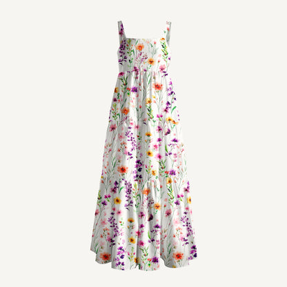 Watercolor Wildflower Print Wide Straps Maxi Dress With Pockets