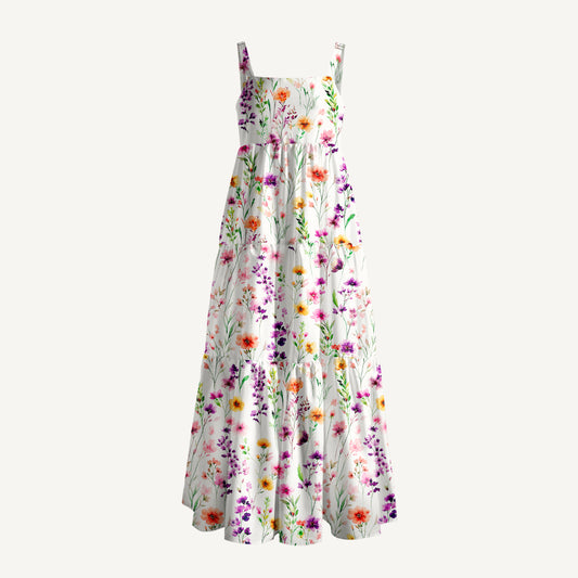 Watercolor Wildflower Print Wide Straps Maxi Dress With Pockets