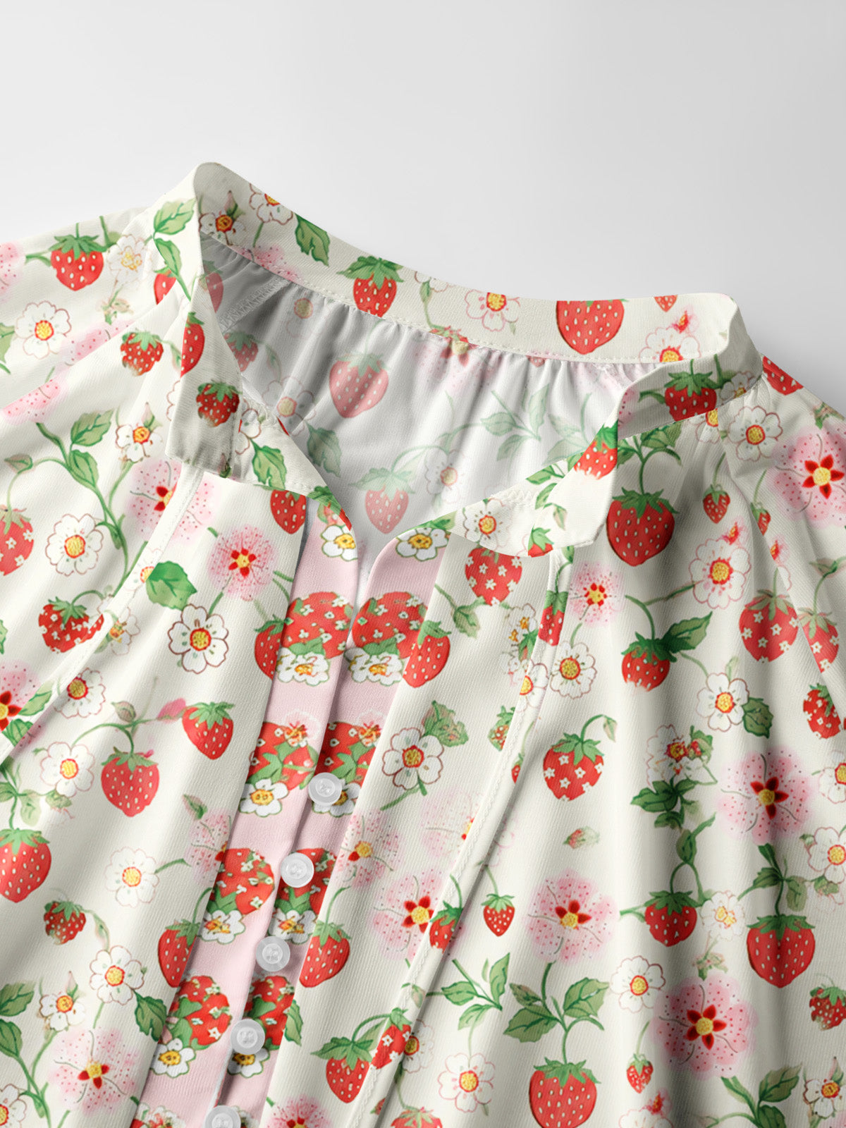 Strawberry Meadow Print Boho Long Sleeve Tie‑Neck Blouse