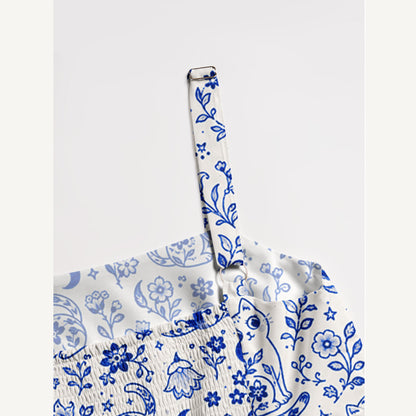 Delft Blue Bloom Cat Dream Print Wide Straps Maxi Dress With Pockets