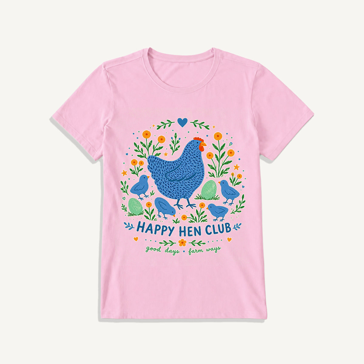Blue Hen and Chicks Garden Print Crew Neck Cotton Tee