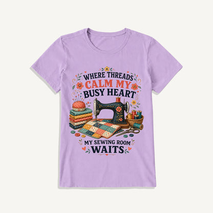 Calm Heart Sewing Room Print Crew Neck Cotton Tee