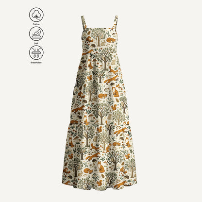 Woodland Creatures Print Cotton Wide Straps Maxi Dress With Pockets