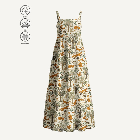 Woodland Creatures Print Cotton Wide Straps Maxi Dress With Pockets