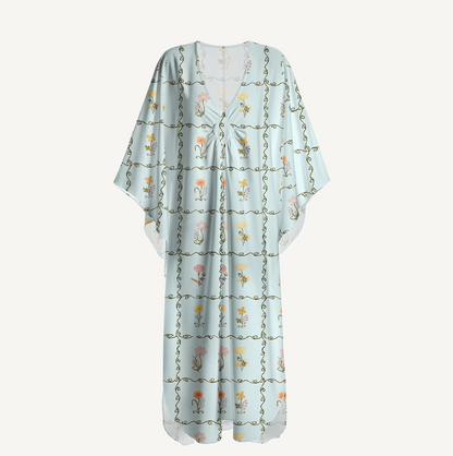 V‑Neck Sunny Garden Tiles Kimono Sleeve Kaftan Dress