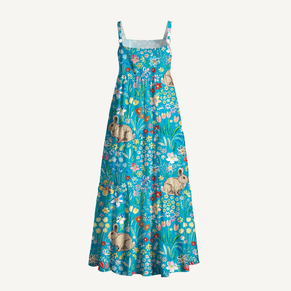 Blue Garden Rabbit Print Wide Straps Maxi Dress With Pockets