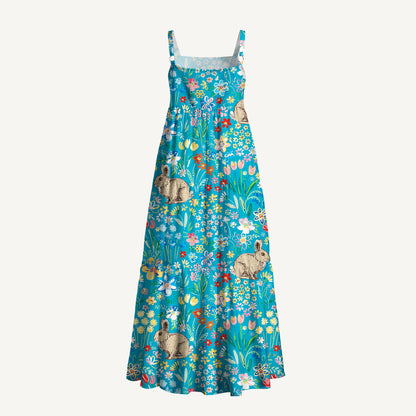 Blue Garden Rabbit Print Wide Straps Maxi Dress With Pockets