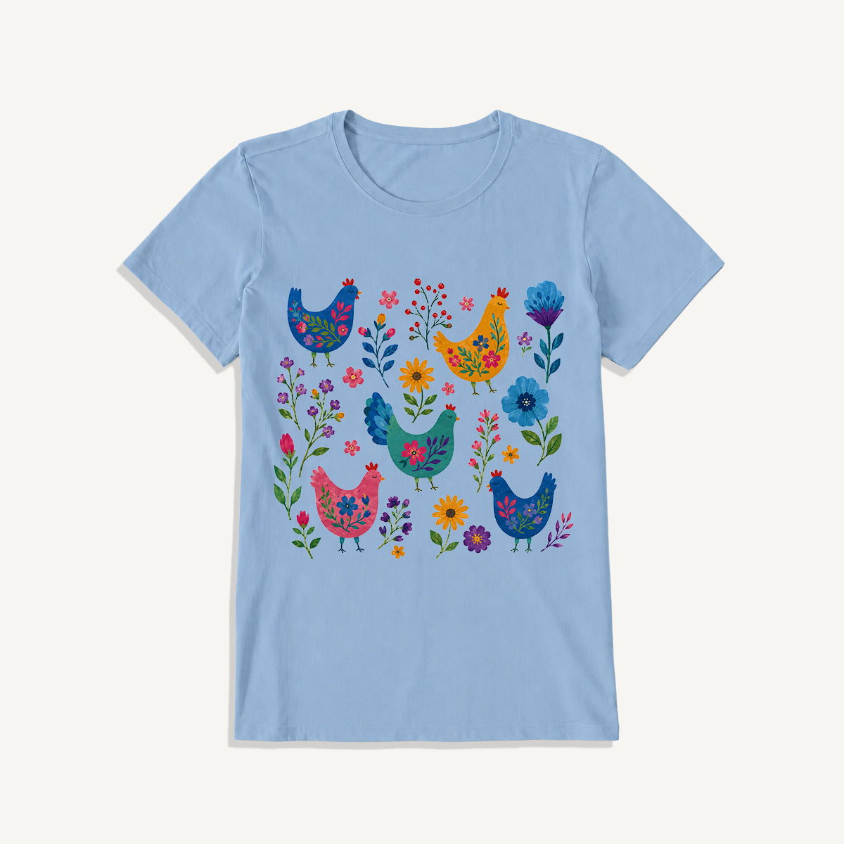 Colorful Folk Hens Print Crew Neck Cotton Tee