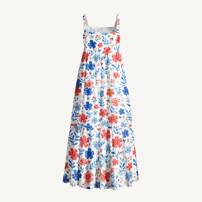 Patriotic 4th of July Flowers Print Wide Straps Maxi Dress With Pockets