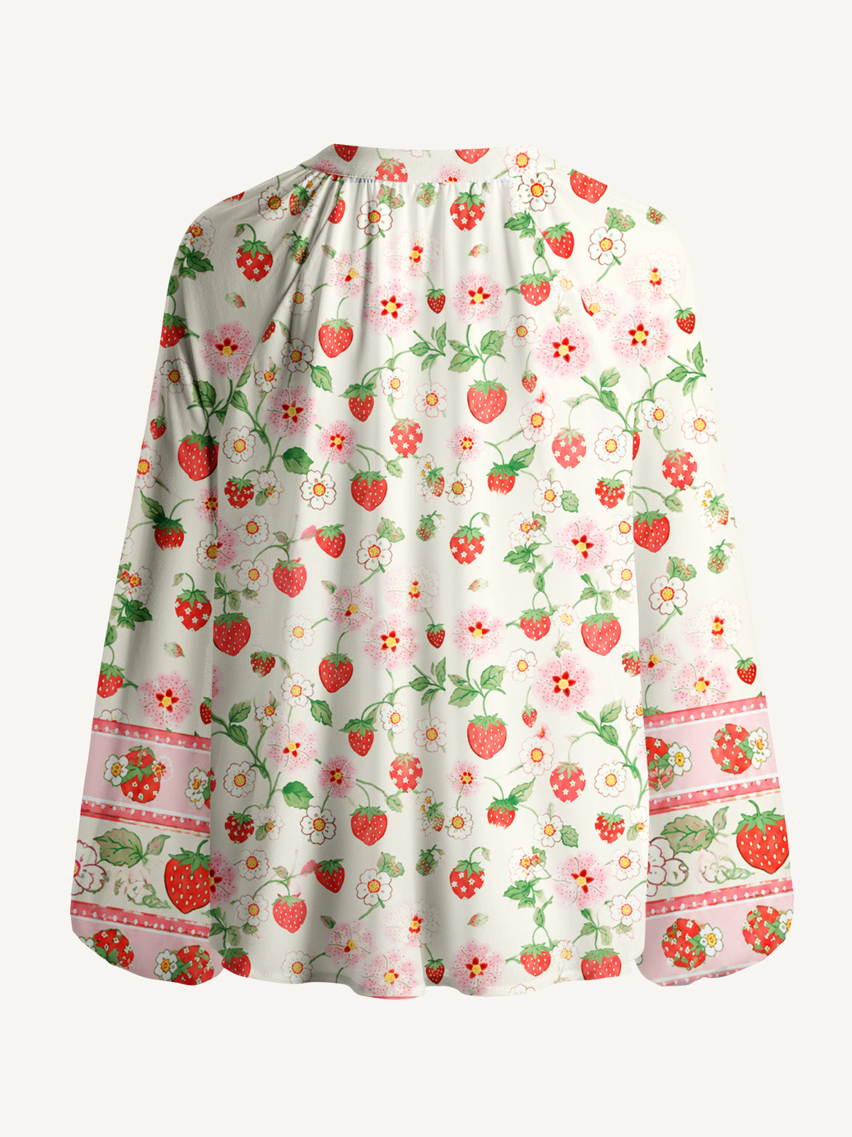 Strawberry Meadow Print Boho Long Sleeve Tie‑Neck Blouse