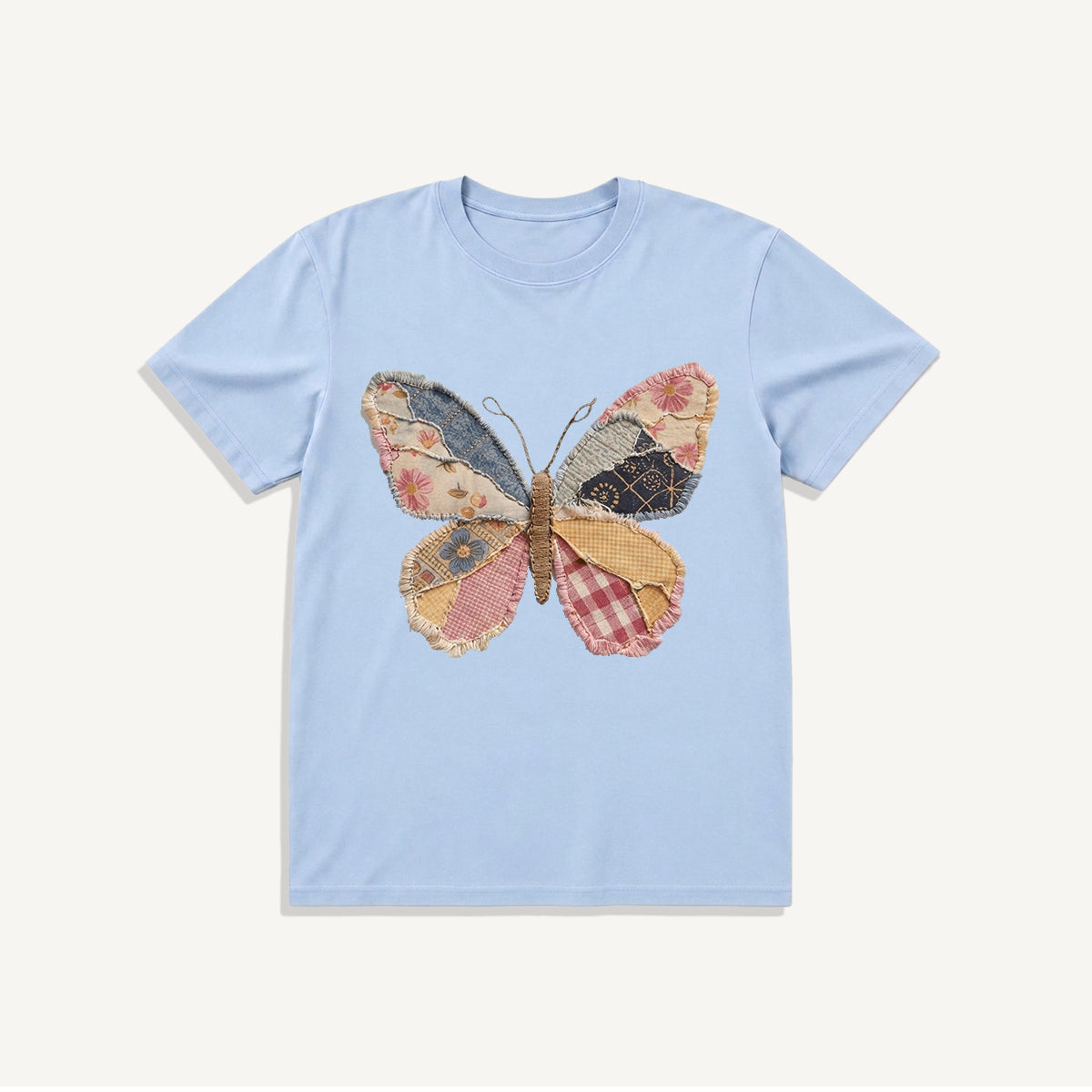 Quilt Patch Butterfly Print Crew Neck Cotton Tee