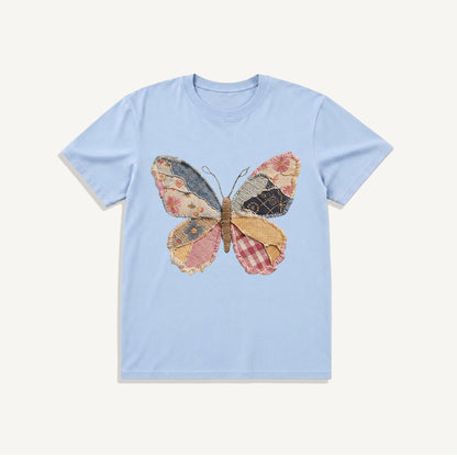 Quilt Patch Butterfly Print Crew Neck Cotton Tee