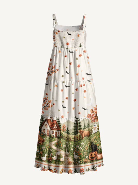 Autumn Pumpkin Pasture Print Wide Straps Maxi Dress With Pockets