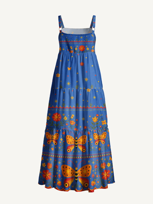 Starlit Butterfly Bloom Print Wide Straps Maxi Dress With Pockets